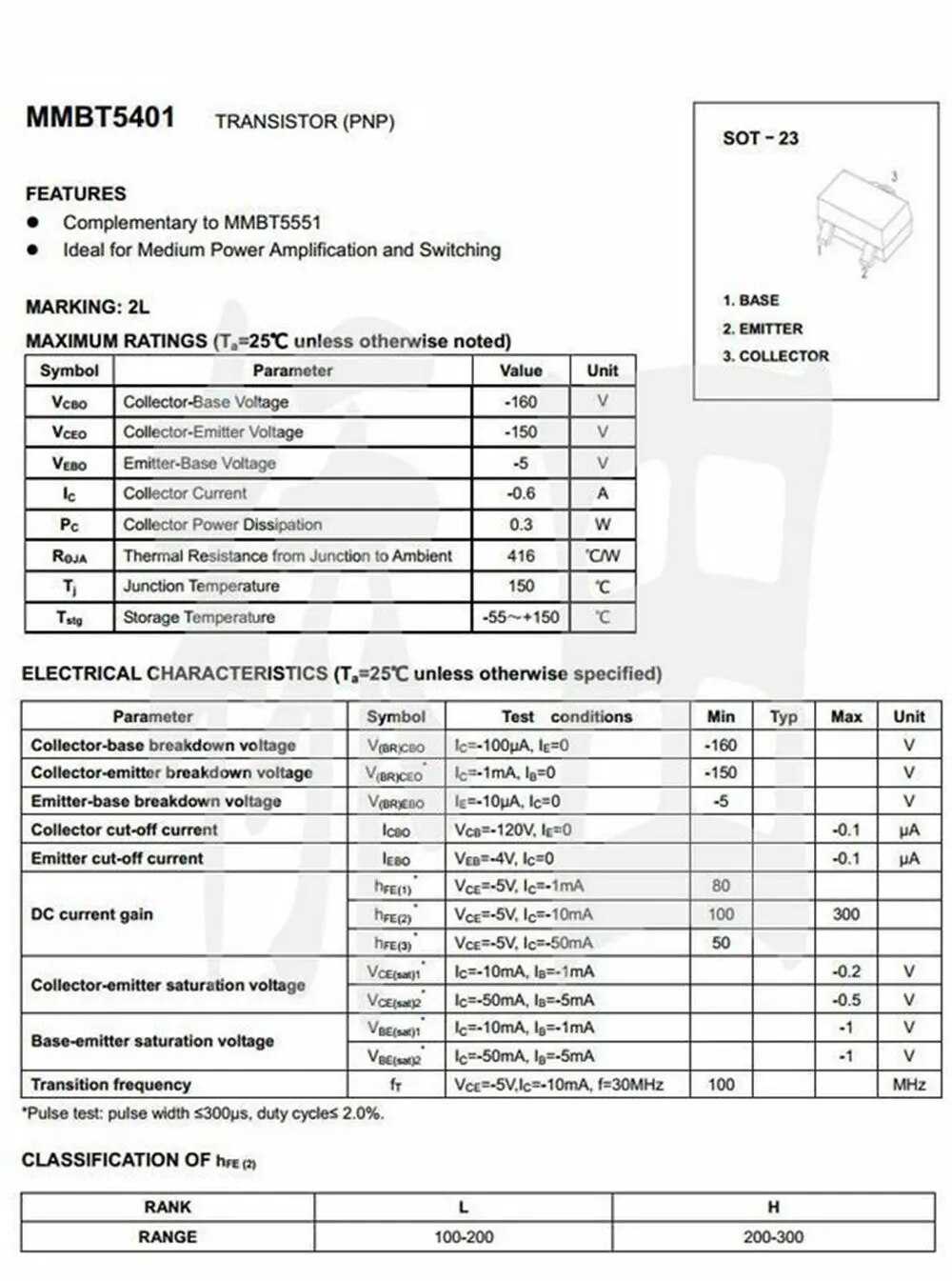 Mmbt5551 datasheet pdf ( pinout ) - npn small signal surface mount transistor