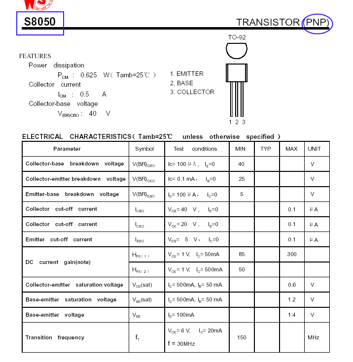 Характеристики транзистора s8050